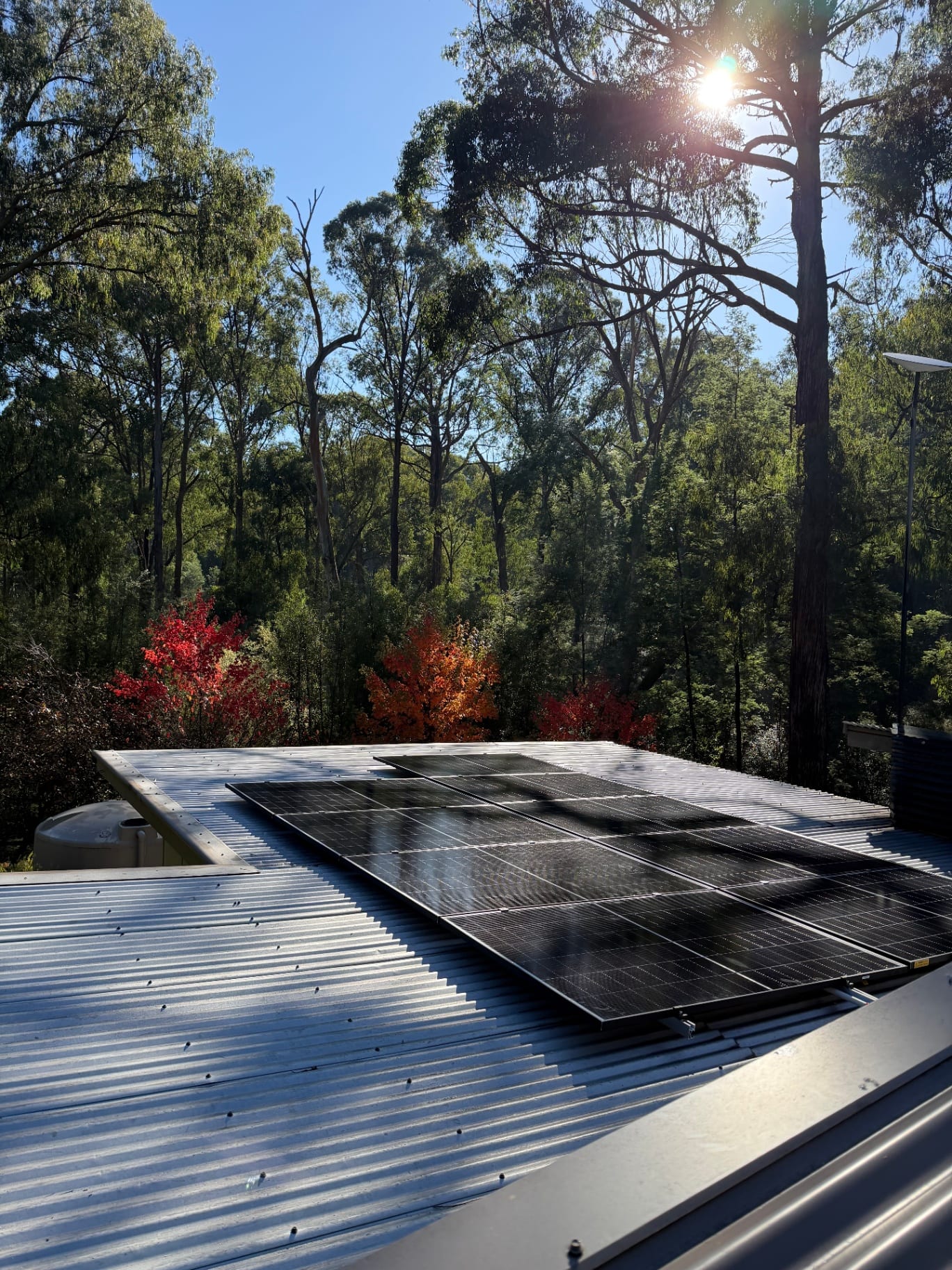 Rooftop solar panel array installed by Neocore with a bushland backdrop